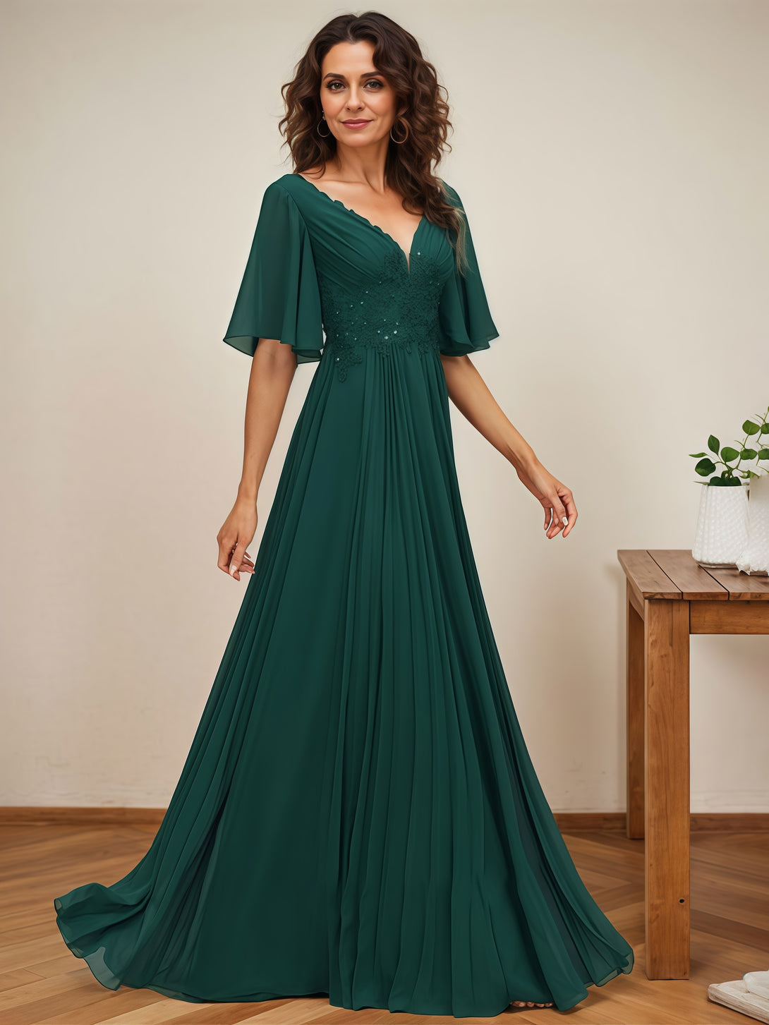 A-Line V-Neck Flutter Straps Floor-Length Chiffon Mother of the Bride Dress With Pleated/Appliques BabaMila