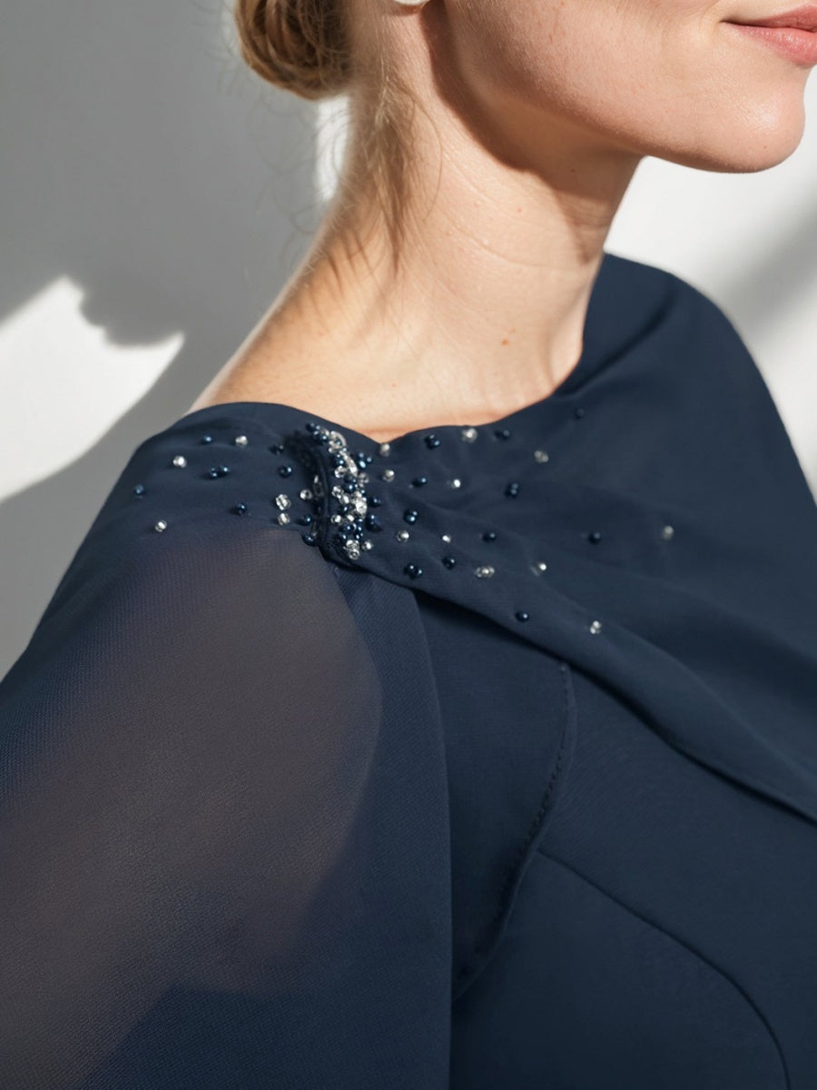 Sheath/Column Jewel Neck Tea-Length Mother Of The Bride Dresses With Detachable Cape & Ruffles & Beads BabaMila