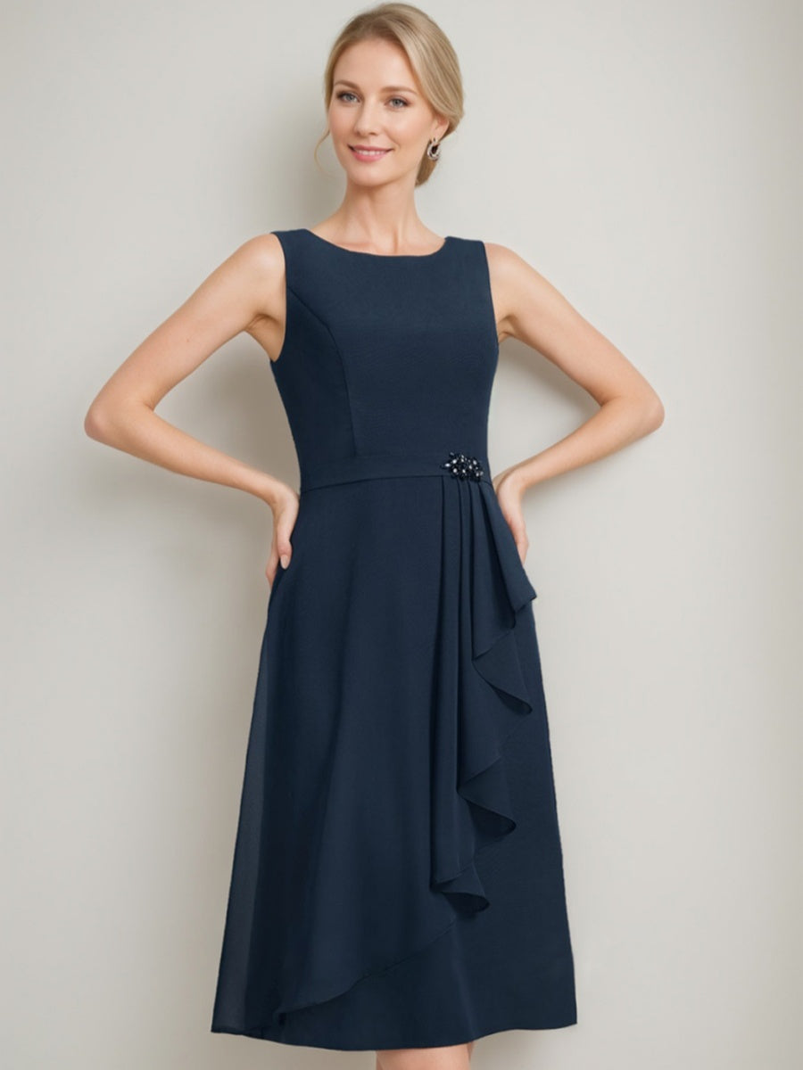 Sheath/Column Jewel Neck Tea-Length Mother Of The Bride Dresses With Detachable Cape & Ruffles & Beads BabaMila