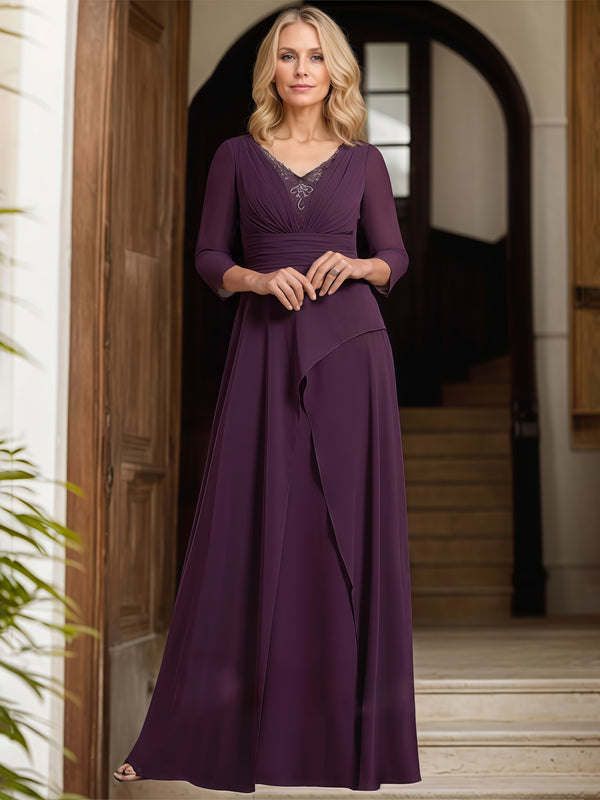 Asymmetrical A-Line V-Neck 3/4 Sleeve Floor-Length Chiffon Mother of the Bride Dress With Belt/Pleated/Appliques BabaMila