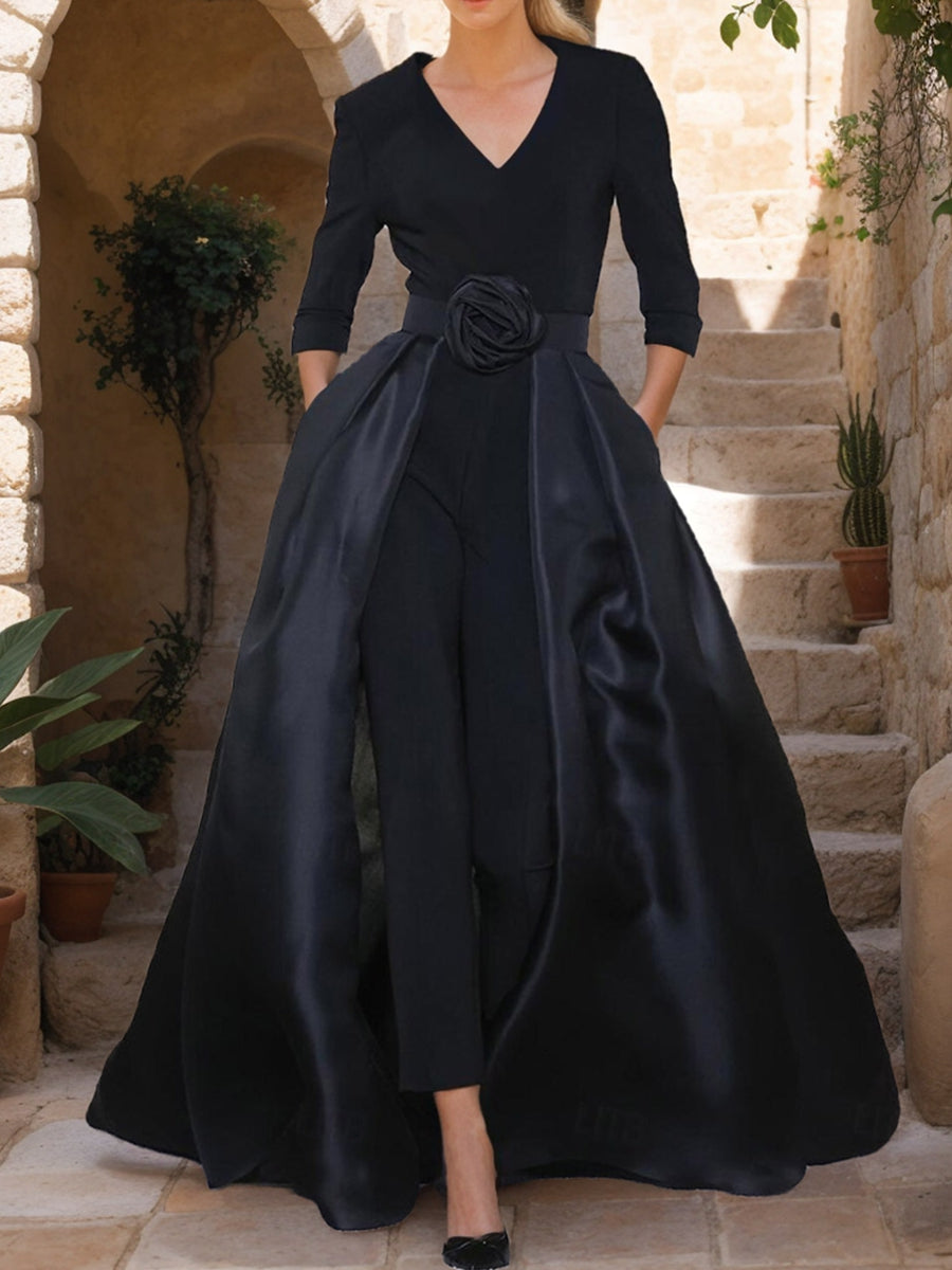 V-Neck 3/4 Sleeves Mother of the Bride Pantsuits with Flower Belt BabaMila