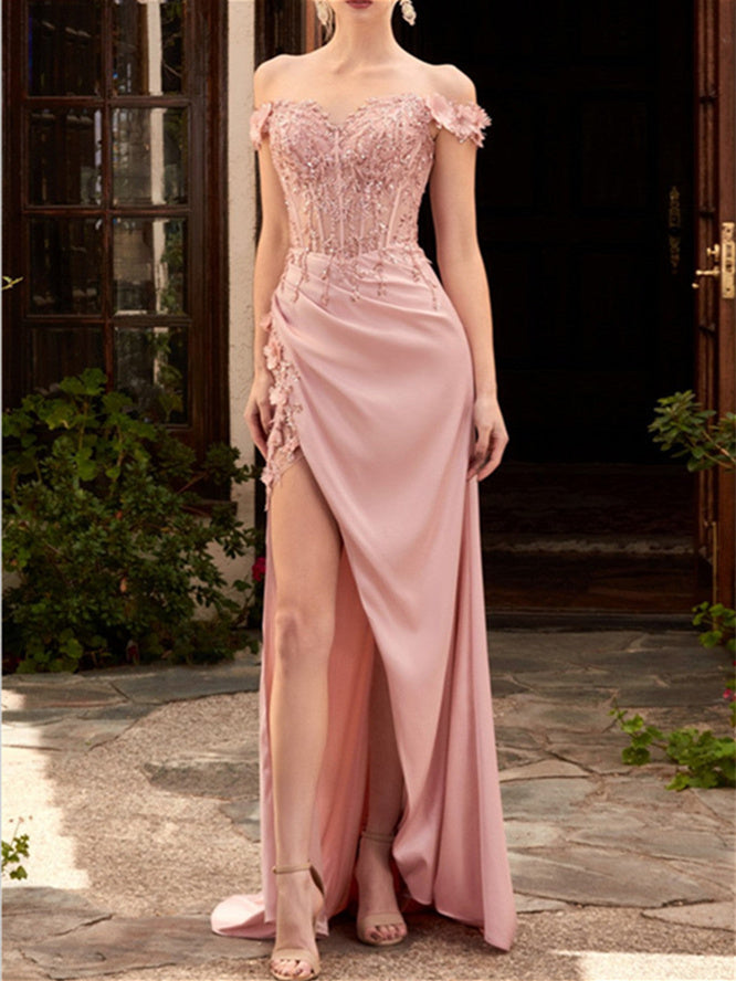 Sheath Sweetheart Off-the-Shoulder Floor-Length Prom Dresses with Appliques/3D Flower/Sequins BabaMila
