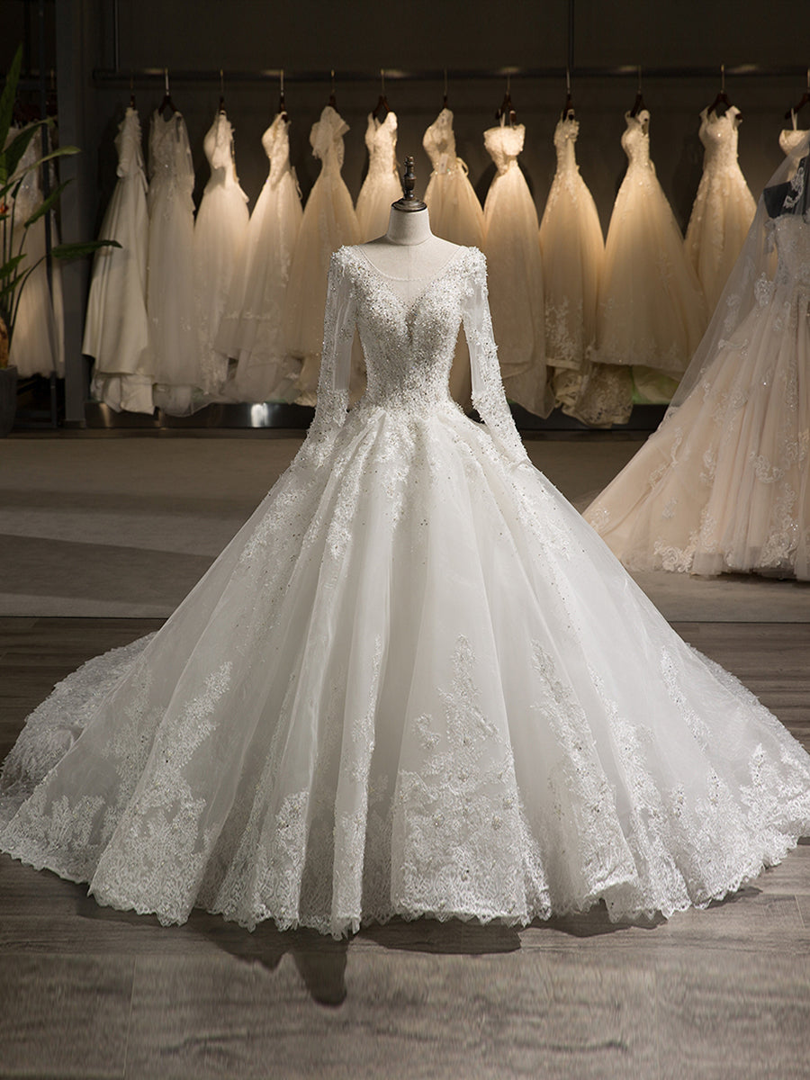 Ball Gown Tulle Scoop Long Sleeves Wedding Dresses with Lace Appliques/Beading BabaMila