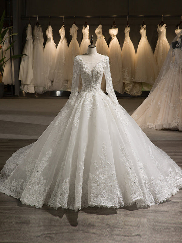 Ball Gown Tulle Scoop Long Sleeves Wedding Dresses with Lace Appliques/Beading BabaMila