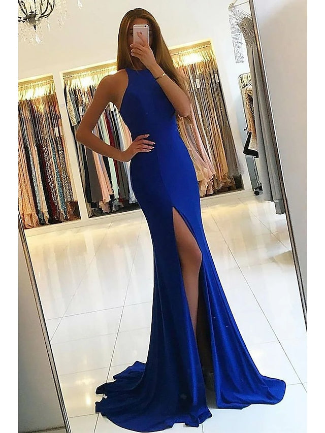 Trumpet/Mermaid High Neck Sleeveless Floor-Length Prom Dresses With Slit BabaMila