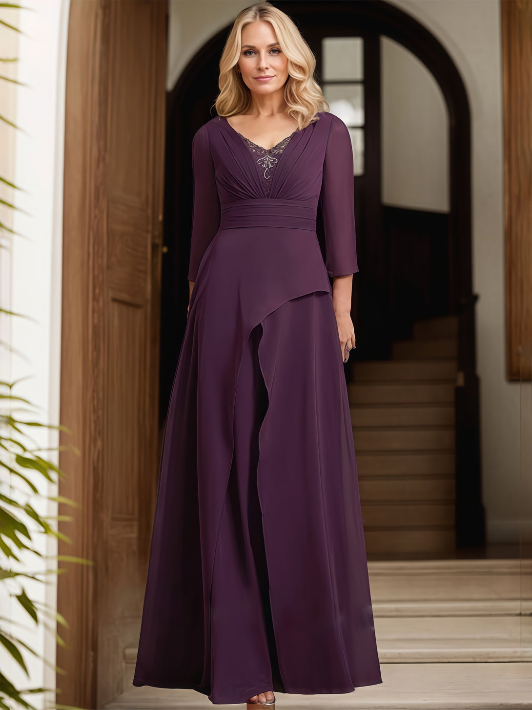 Asymmetrical A-Line V-Neck 3/4 Sleeve Floor-Length Chiffon Mother of the Bride Dress With Belt/Pleated/Appliques BabaMila