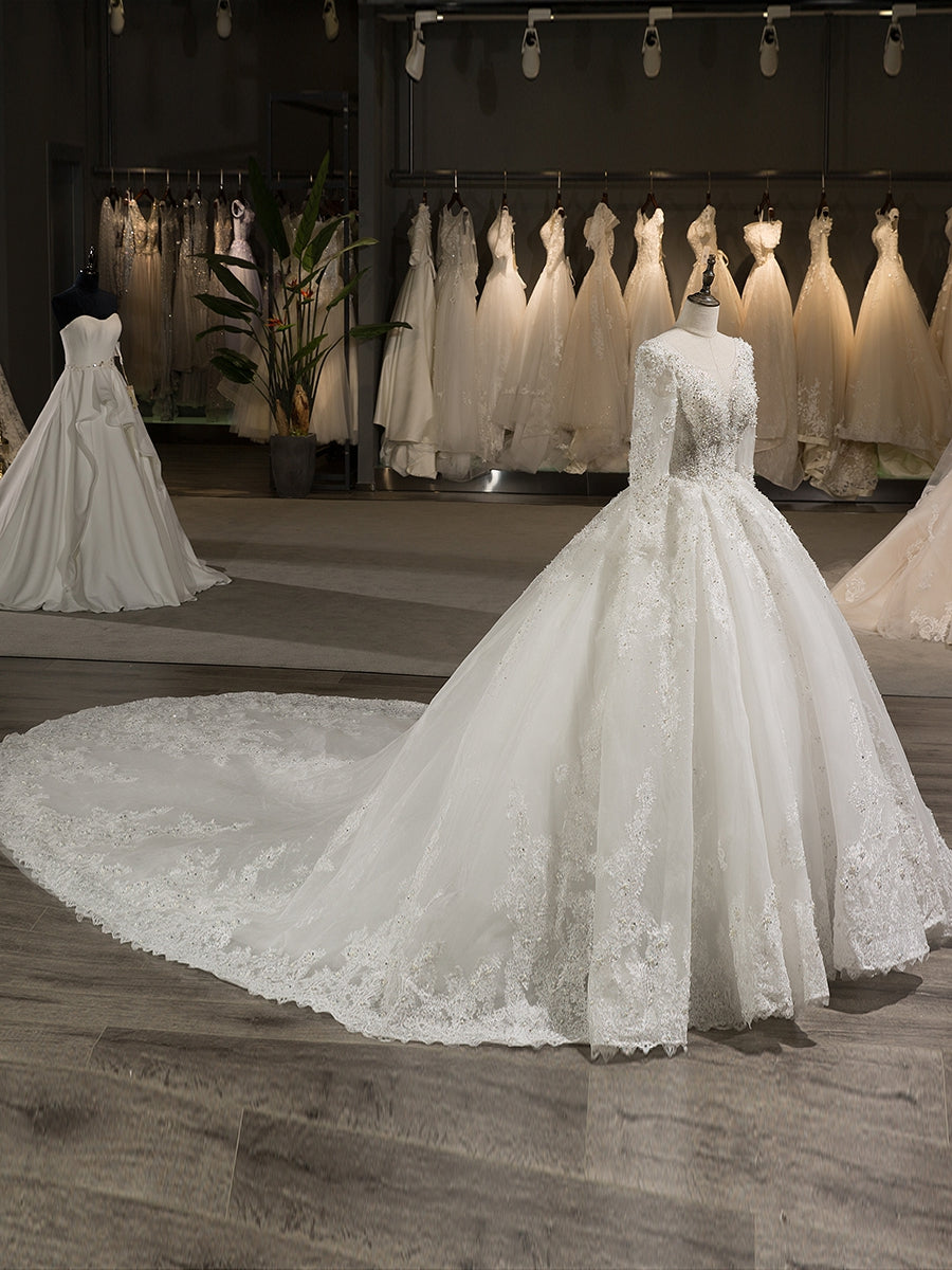 Ball Gown Tulle Scoop Long Sleeves Wedding Dresses with Lace Appliques/Beading BabaMila