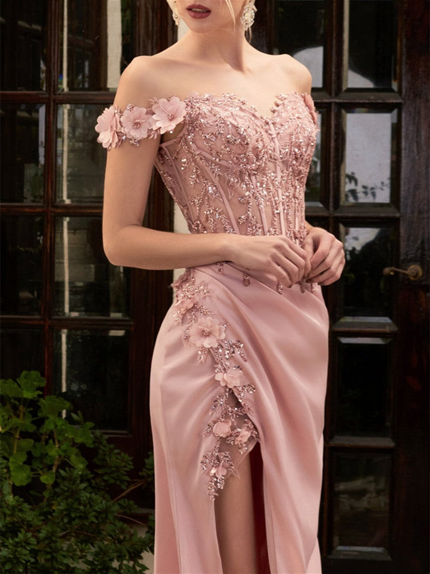 Sheath Sweetheart Off-the-Shoulder Floor-Length Prom Dresses with Appliques/3D Flower/Sequins BabaMila