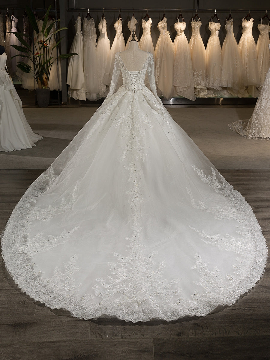 Ball Gown Tulle Scoop Long Sleeves Wedding Dresses with Lace Appliques/Beading BabaMila