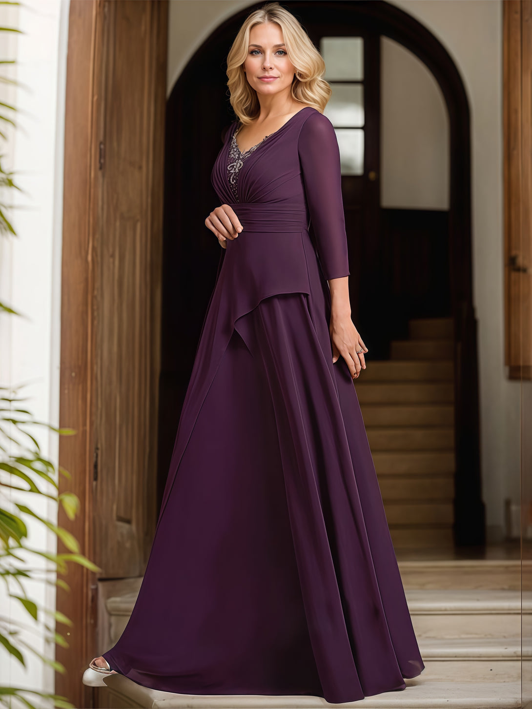 Asymmetrical A-Line V-Neck 3/4 Sleeve Floor-Length Chiffon Mother of the Bride Dress With Belt/Pleated/Appliques BabaMila