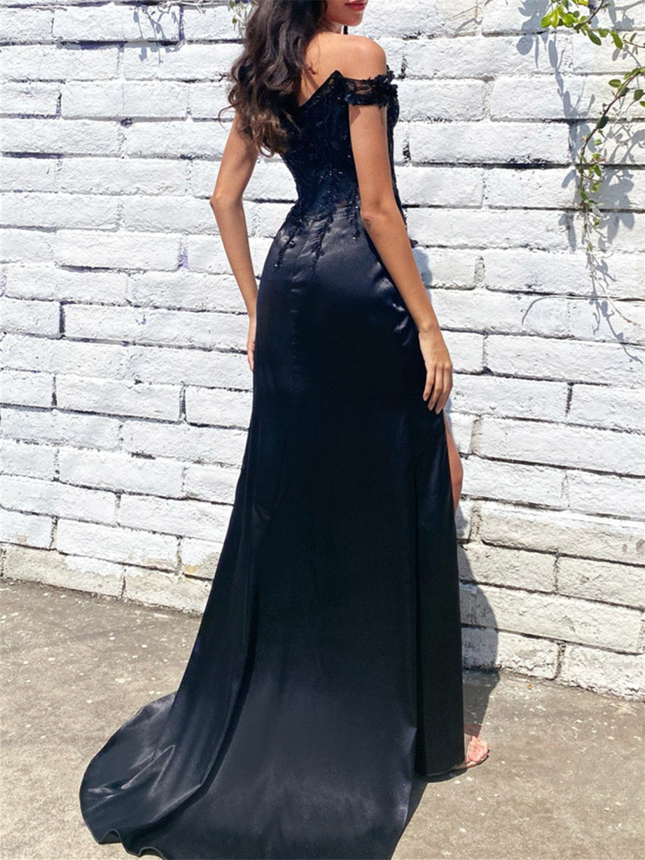 Sheath Sweetheart Off-the-Shoulder Floor-Length Prom Dresses with Appliques/3D Flower/Sequins BabaMila