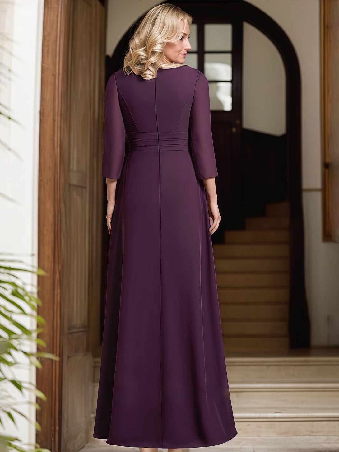 Asymmetrical A-Line V-Neck 3/4 Sleeve Floor-Length Chiffon Mother of the Bride Dress With Belt/Pleated/Appliques BabaMila