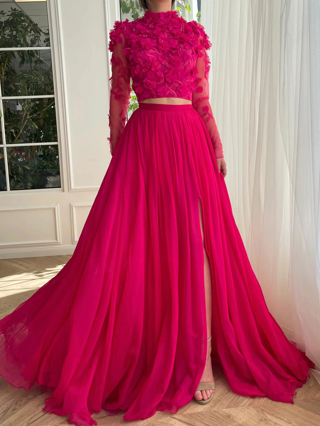 A-Line/Princess High Neck Long Prom Dresses With Split Side BabaMila