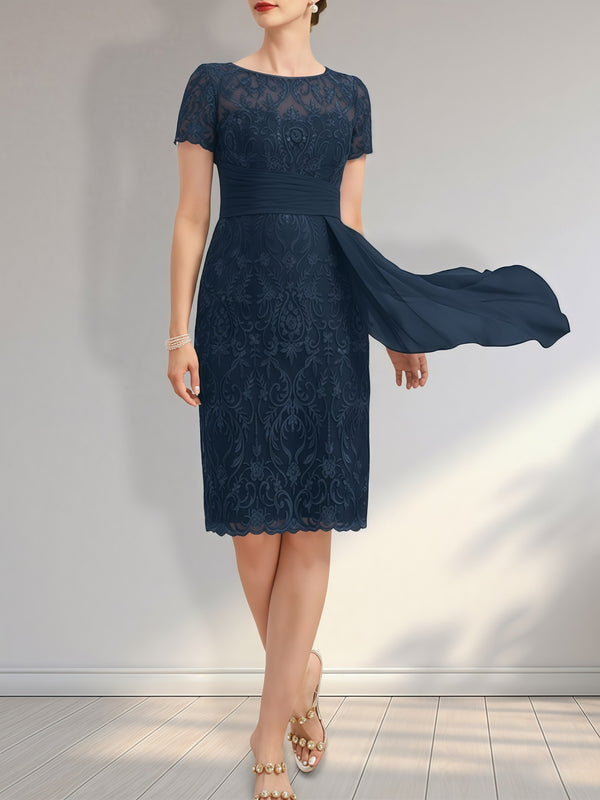 Sheath Illusion Scoop Neck Short Sleeve Knee-Length Lace/Chiffon Mother of the Bride Dress With Belt/Pleated/Cascading Ruffles BabaMila