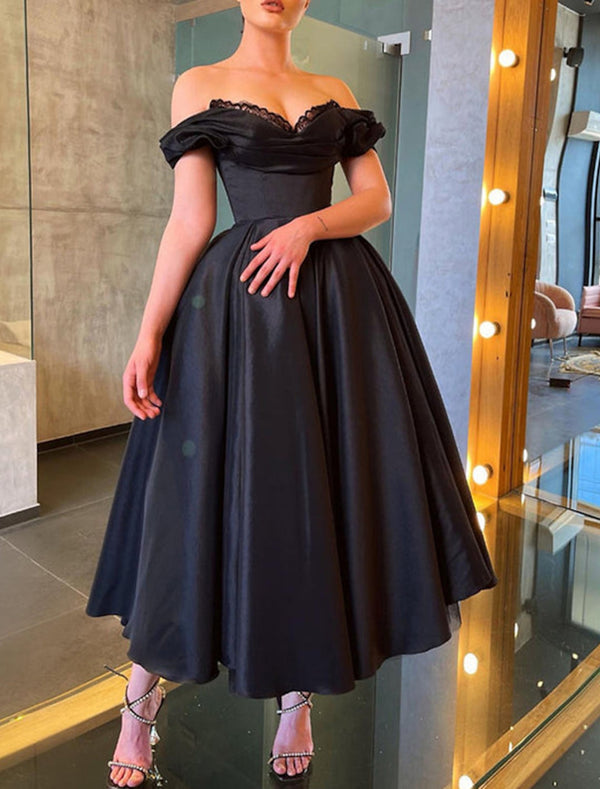 A-Line/Princess Off-the-Shoulder Tea-Length Prom Dresses With Lace BabaMila