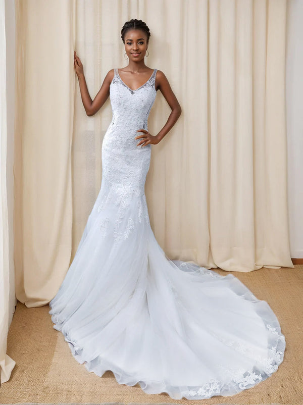 Trumpet/Mermaid V-Neck Sleeveless Wedding Dresses with Lace Appliques BabaMila