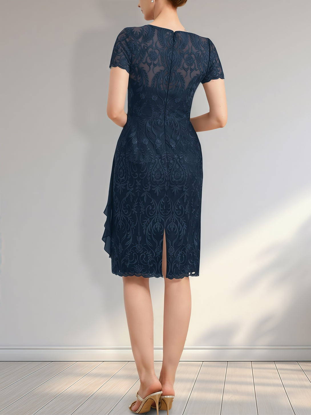 Sheath Illusion Scoop Neck Short Sleeve Knee-Length Lace/Chiffon Mother of the Bride Dress With Belt/Pleated/Cascading Ruffles BabaMila