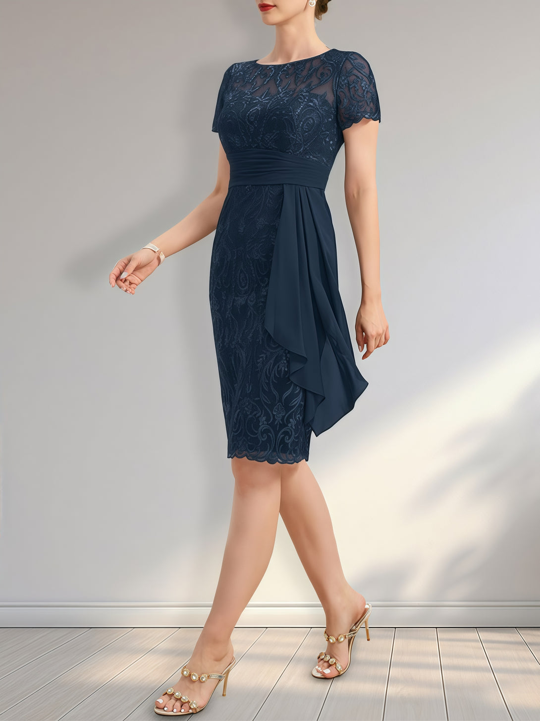 Sheath Illusion Scoop Neck Short Sleeve Knee-Length Lace/Chiffon Mother of the Bride Dress With Belt/Pleated/Cascading Ruffles BabaMila