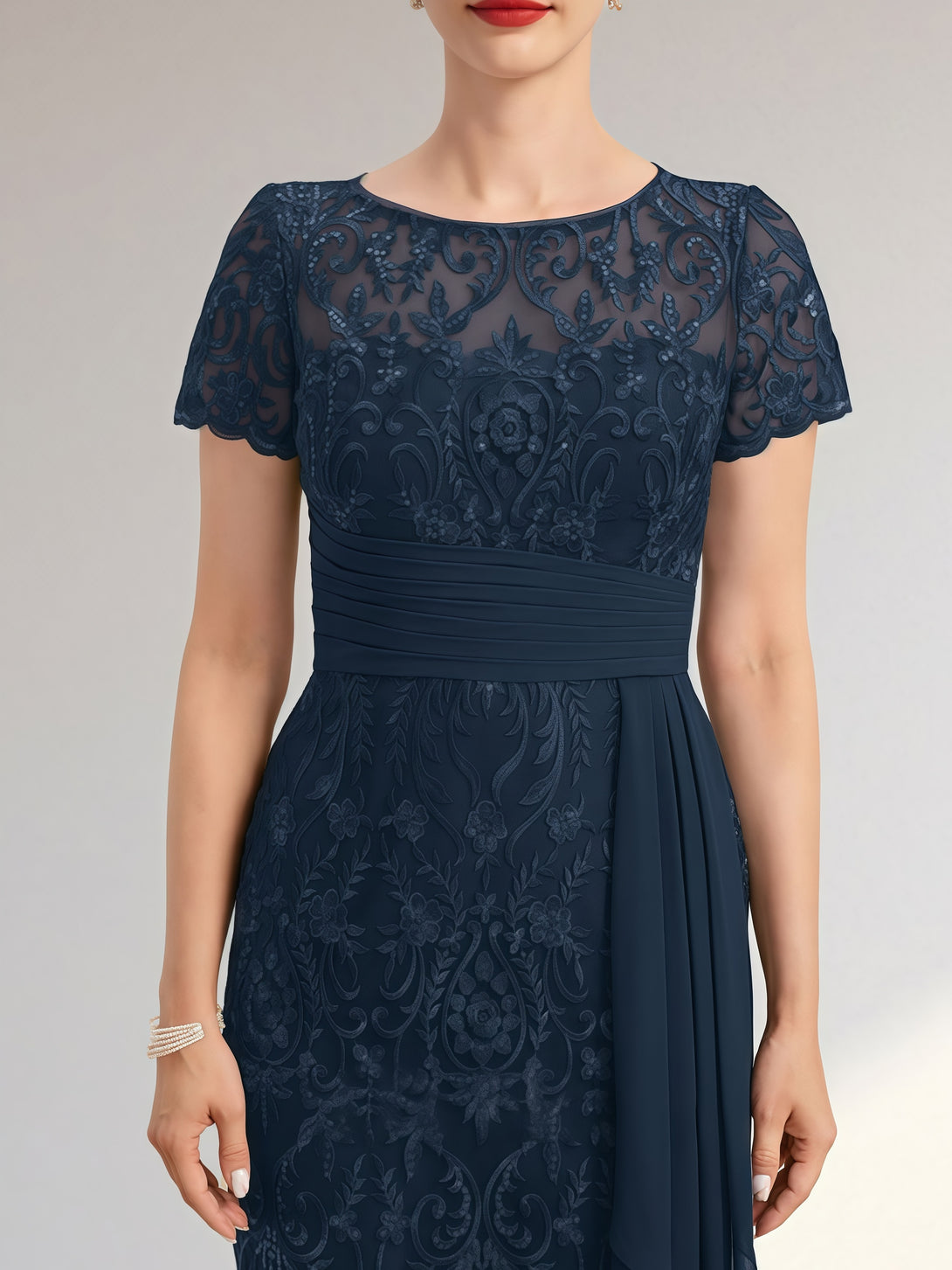 Sheath Illusion Scoop Neck Short Sleeve Knee-Length Lace/Chiffon Mother of the Bride Dress With Belt/Pleated/Cascading Ruffles BabaMila