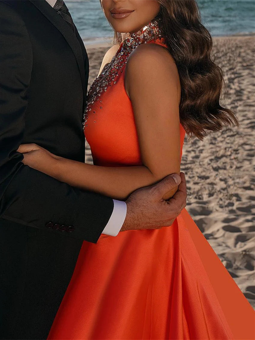 Sheath/Column Halter Evening Party Dresses Satin Floor-length With Split Side Beading BabaMila