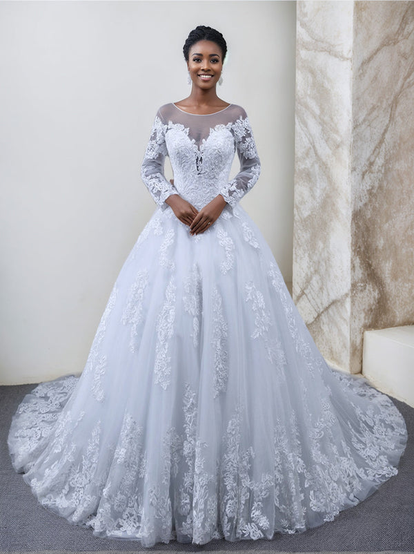 A-Line/Princess Round Neck Long Sleeves Wedding Dresses with Lace Appliques BabaMila