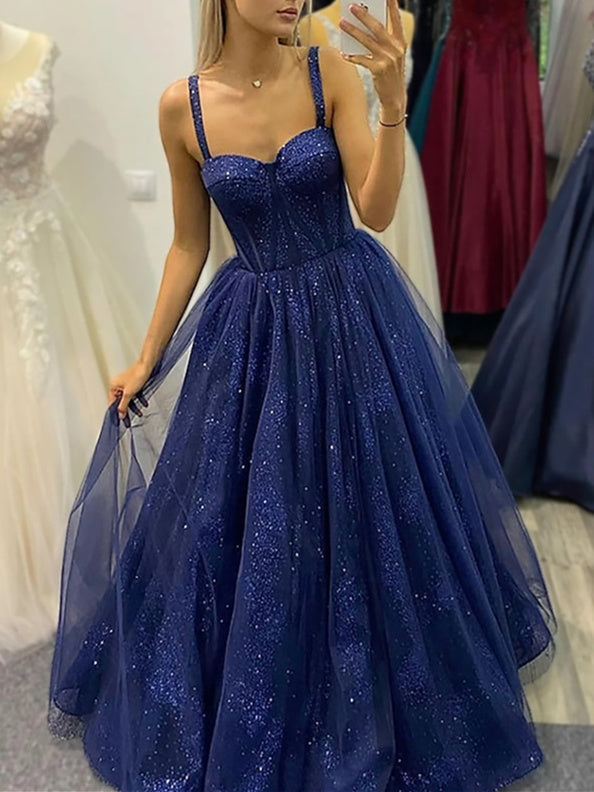 A-Line/Princess Spaghetti Straps Floor-length Long Prom Dresses With Lace up BabaMila