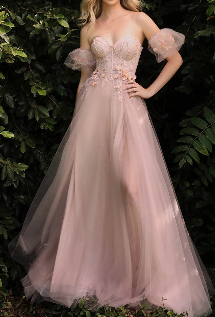 A-Line/Princess Sweetheart Neck Removable Short Sleeves Floor-length Long Floral Prom Dresses With Split Side/3D Flower BabaMila