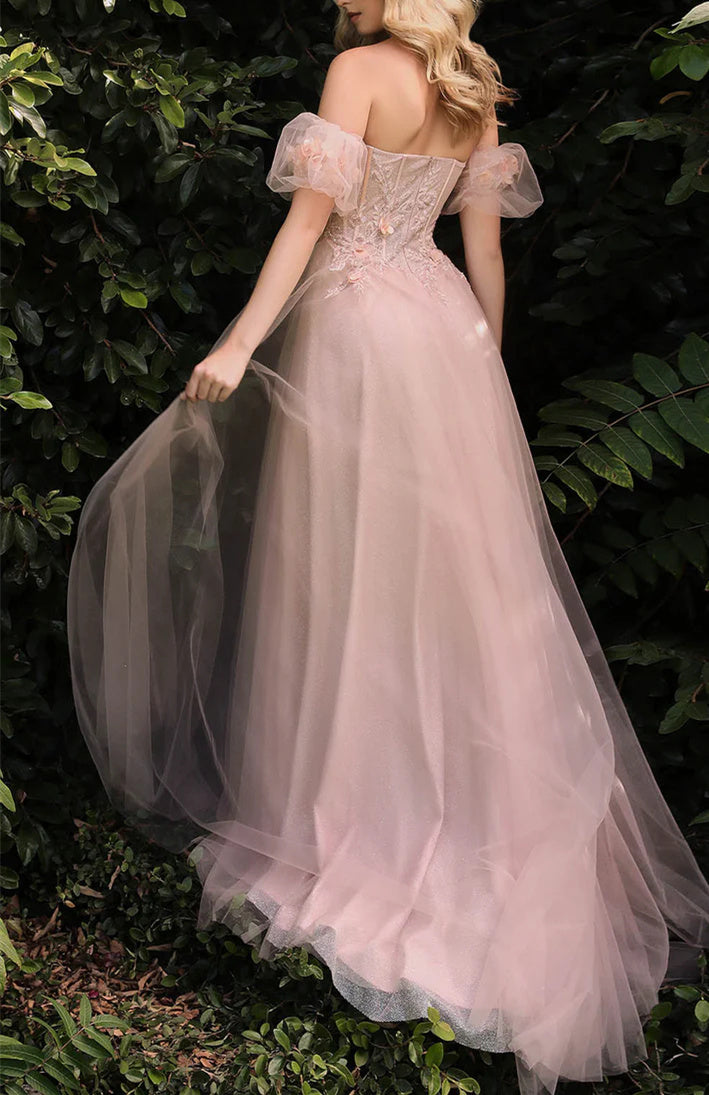 A-Line/Princess Sweetheart Neck Removable Short Sleeves Floor-length Long Floral Prom Dresses With Split Side/3D Flower BabaMila