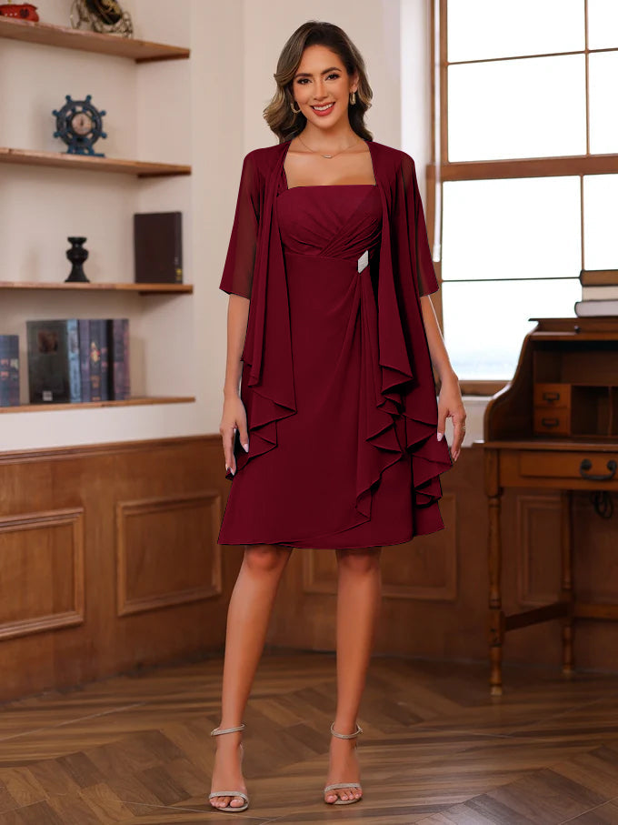 A-Line/Princess Square Neck Knee-Length Mother Of The Bride Dresses With Ruffles & Jacket BabaMila