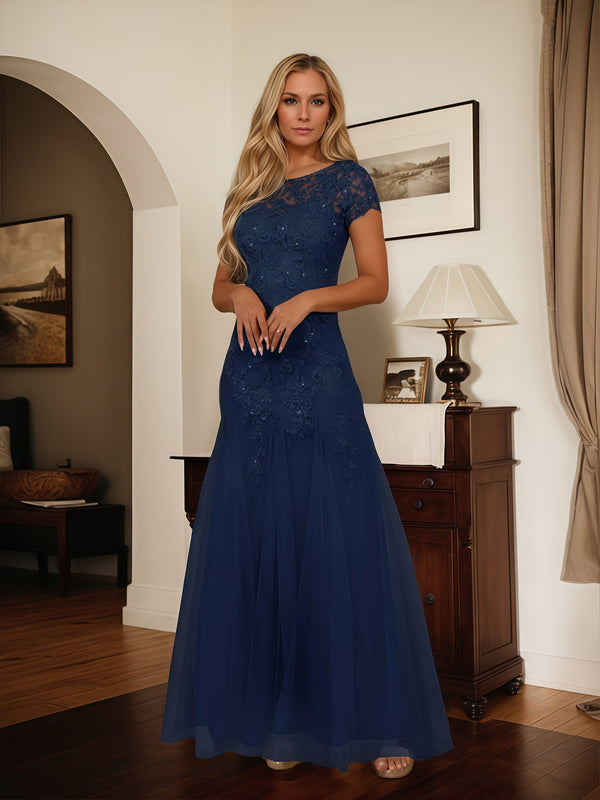 Mermaid Illusion Boat Neck Short Sleeve Floor-Length Lace/Chiffon Mother of the Bride Dress With Appliques/Beads BabaMila