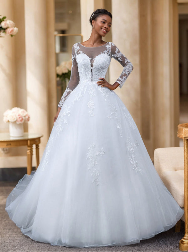 A-Line/Princess Tulle Sheer Neck Long Sleeves Wedding Dresses with Lace Appliques BabaMila