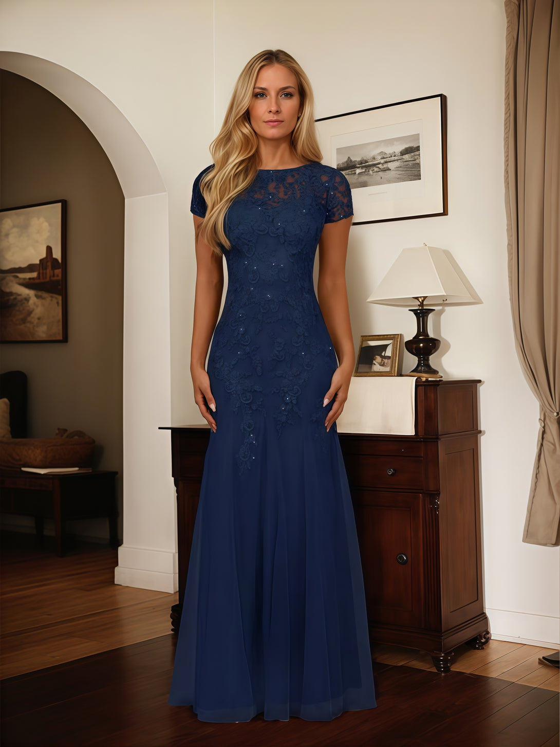 Mermaid Illusion Boat Neck Short Sleeve Floor-Length Lace/Chiffon Mother of the Bride Dress With Appliques/Beads BabaMila