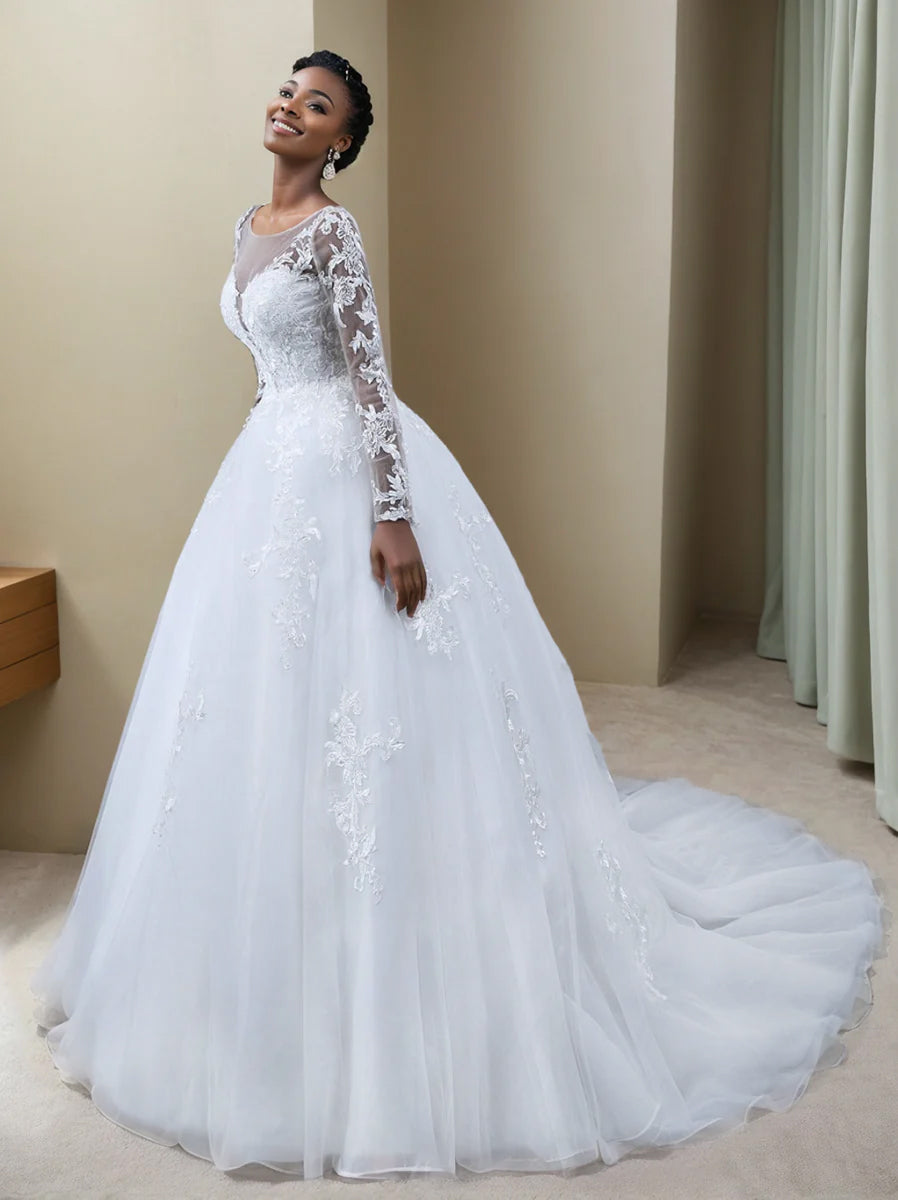 A-Line/Princess Tulle Sheer Neck Long Sleeves Wedding Dresses with Lace Appliques BabaMila