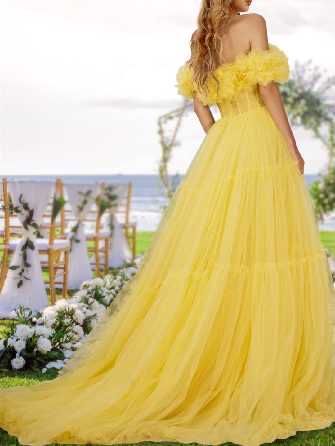 A-Line/Princess Off-the-Shoulder Long Tulle Prom Evening Party Dresses with Ruffles BabaMila