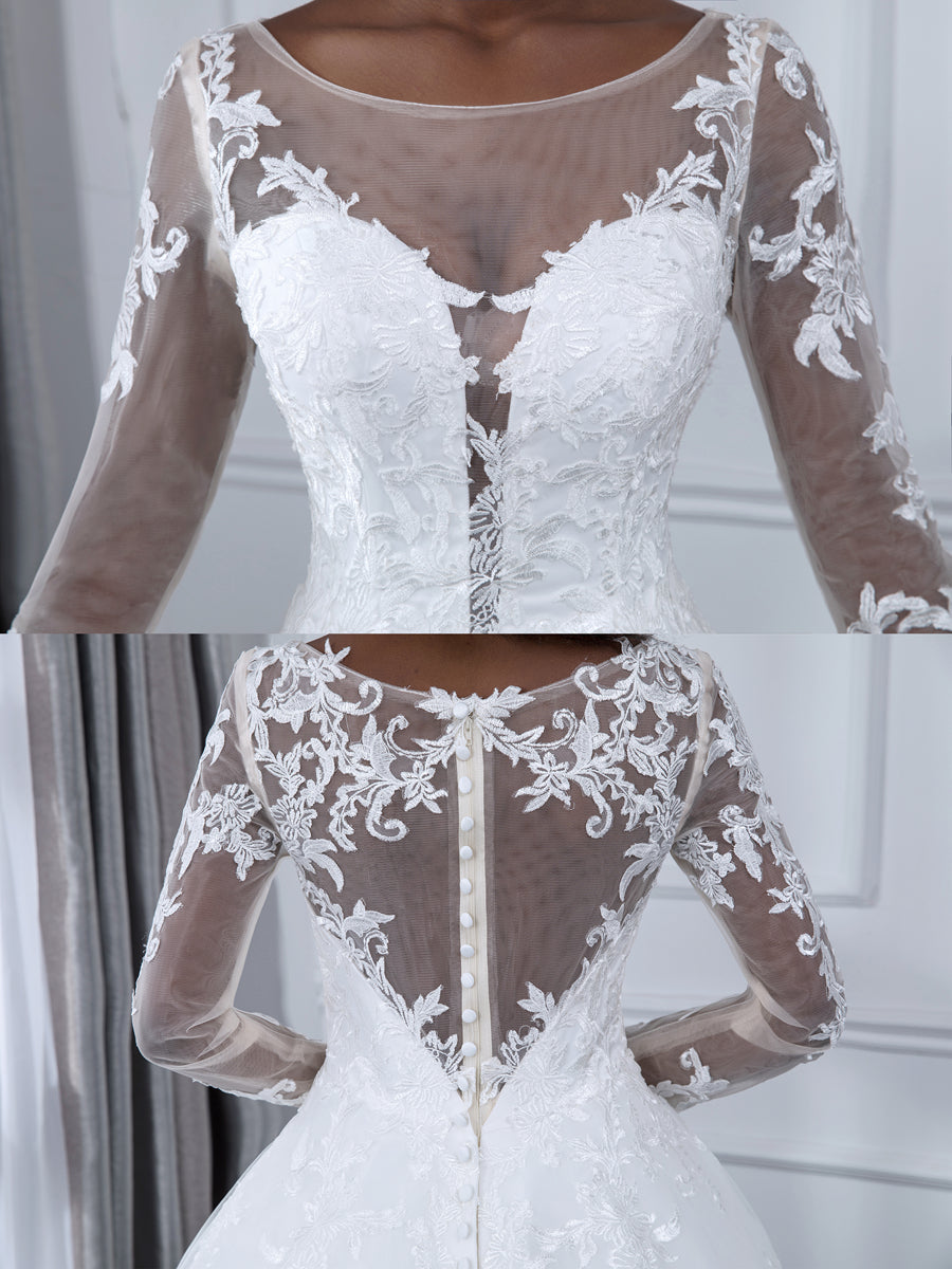 A-Line/Princess Tulle Sheer Neck Long Sleeves Wedding Dresses with Lace Appliques BabaMila