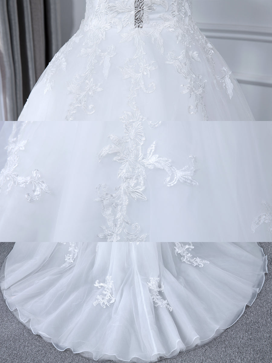 A-Line/Princess Tulle Sheer Neck Long Sleeves Wedding Dresses with Lace Appliques BabaMila