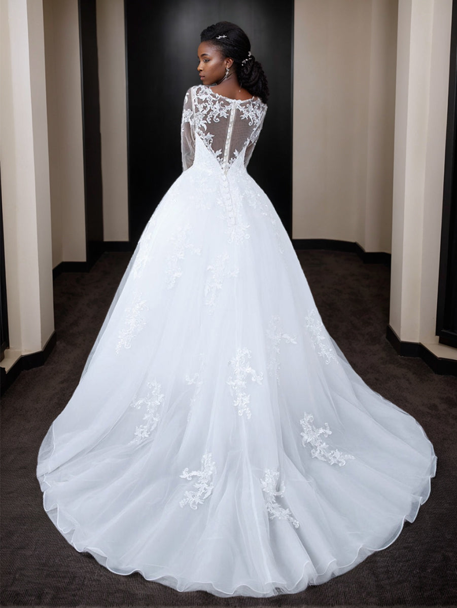 A-Line/Princess Tulle Sheer Neck Long Sleeves Wedding Dresses with Lace Appliques BabaMila