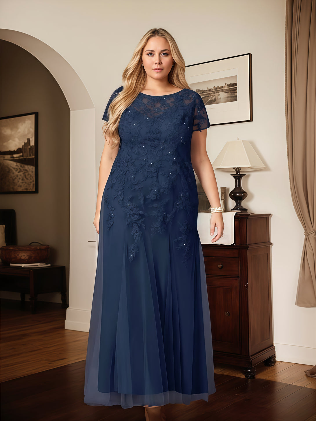 Mermaid Illusion Boat Neck Short Sleeve Floor-Length Lace/Chiffon Mother of the Bride Dress With Appliques/Beads BabaMila