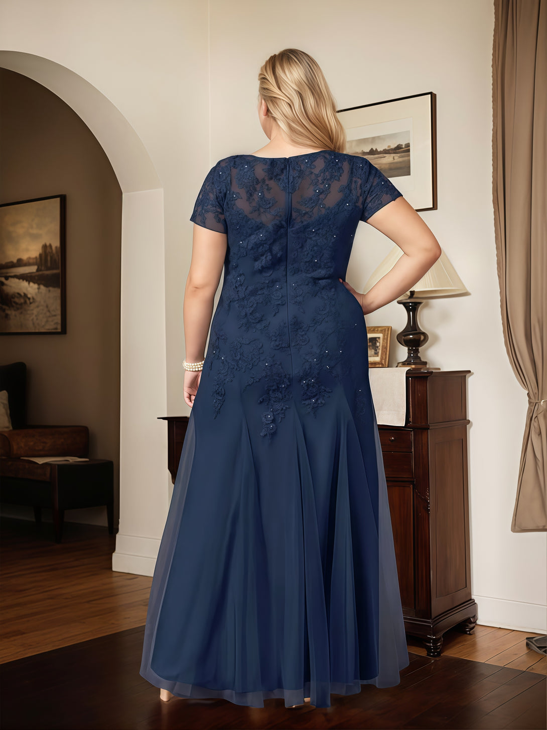 Mermaid Illusion Boat Neck Short Sleeve Floor-Length Lace/Chiffon Mother of the Bride Dress With Appliques/Beads BabaMila