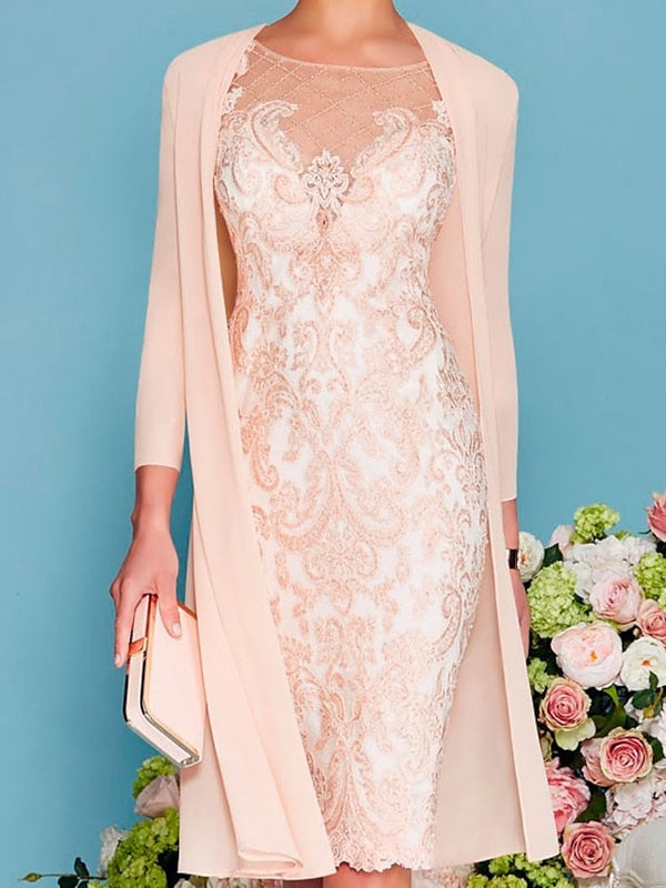 Sheath/Column Scoop Long Sleeves Knee-Length Mother Of The Bride Dresses With Lace Beading Appliques BabaMila