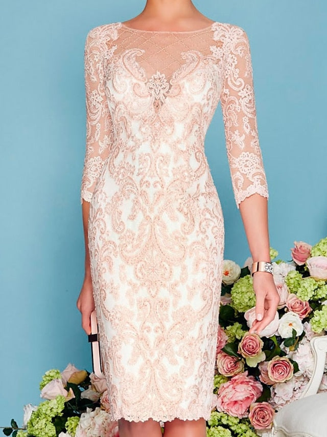 Sheath/Column Scoop Long Sleeves Knee-Length Mother Of The Bride Dresses With Lace Beading Appliques BabaMila