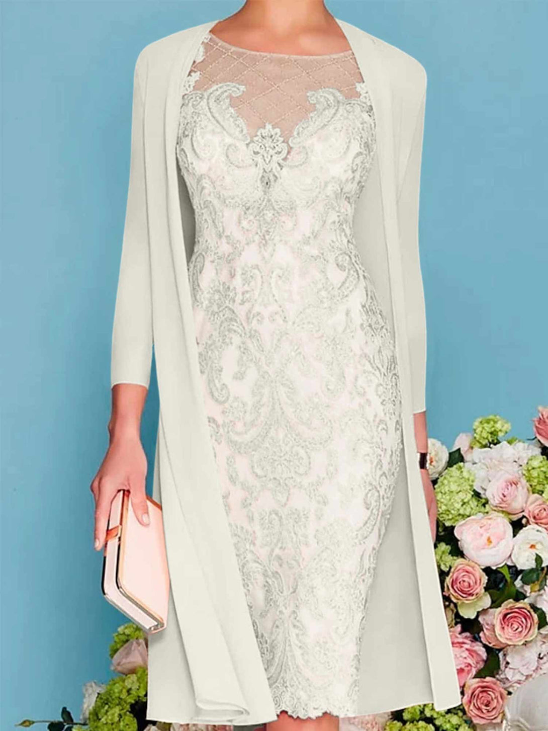 Sheath/Column Scoop Long Sleeves Knee-Length Mother Of The Bride Dresses With Lace Beading Appliques BabaMila