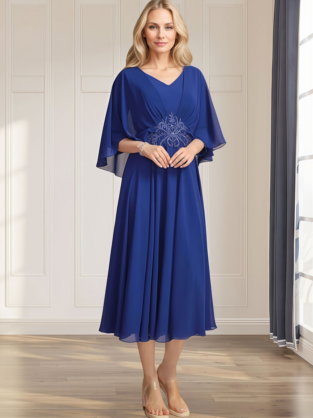 A-Line Cape V-Neck Tea-Length Lace/Chiffon Mother of the Bride Dress With Appliques BabaMila