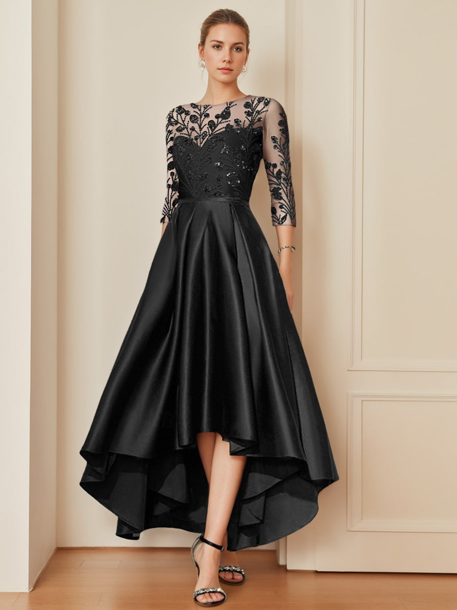 A-Line/Princess Scoop Neck 3/4 Sleeves Asymmetrical Mother of the Bride Dresses with Appliques BabaMila