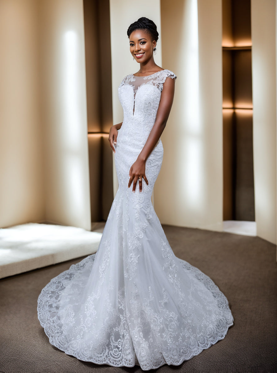 Trumpet/Mermaid Tulle Sheer Neck Sleeveless Wedding Dresses with Lace Appliques BabaMila