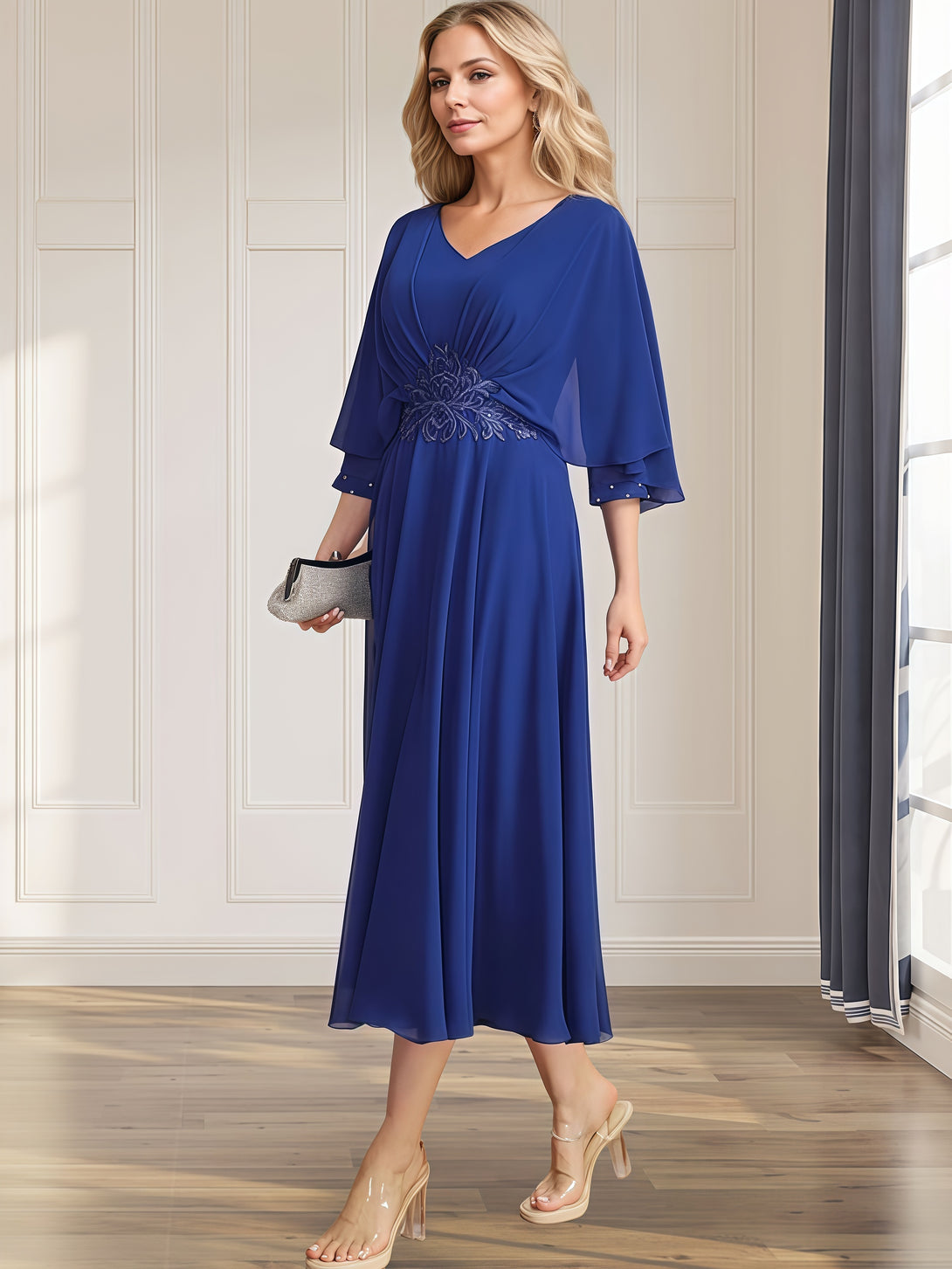 A-Line Cape V-Neck Tea-Length Lace/Chiffon Mother of the Bride Dress With Appliques BabaMila