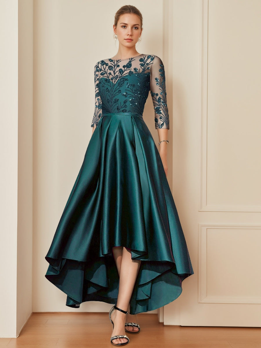A-Line/Princess Scoop Neck 3/4 Sleeves Asymmetrical Mother of the Bride Dresses with Appliques BabaMila