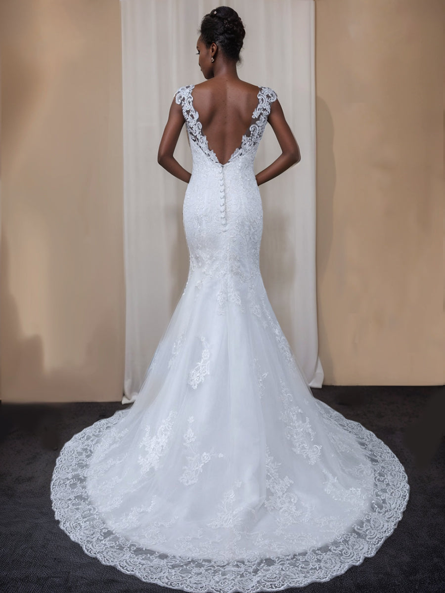 Trumpet/Mermaid Tulle Sheer Neck Sleeveless Wedding Dresses with Lace Appliques BabaMila