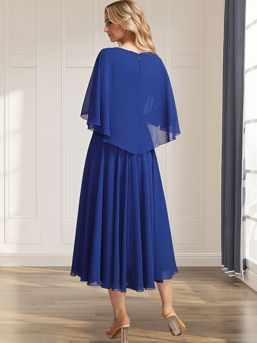A-Line Cape V-Neck Tea-Length Lace/Chiffon Mother of the Bride Dress With Appliques BabaMila
