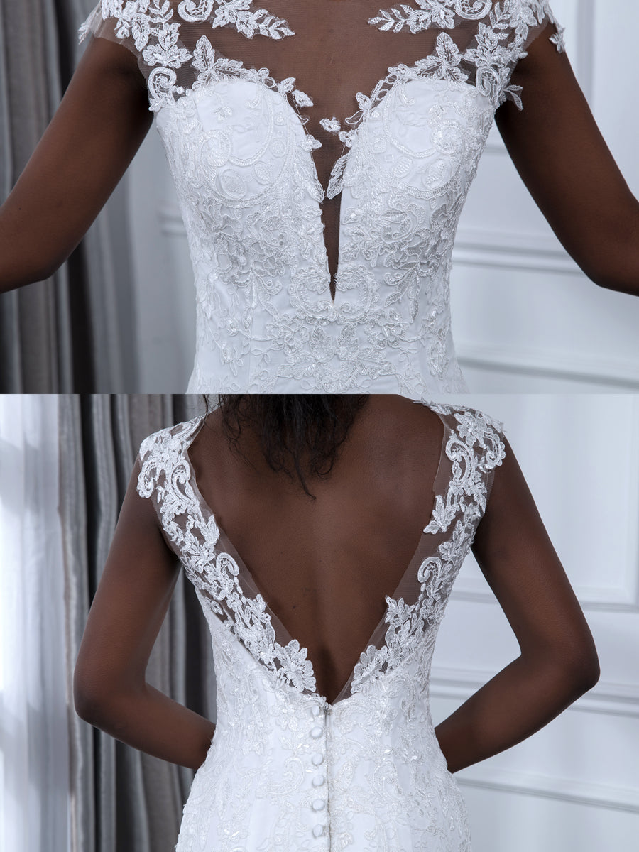 Trumpet/Mermaid Tulle Sheer Neck Sleeveless Wedding Dresses with Lace Appliques BabaMila